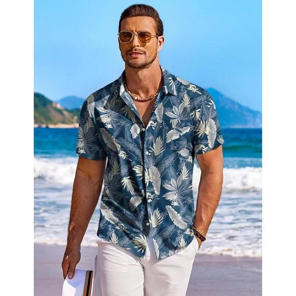 Men´s Blue White Hawaiian Shirt Short Sleeve Button Down Shirts Beach Shirt Men